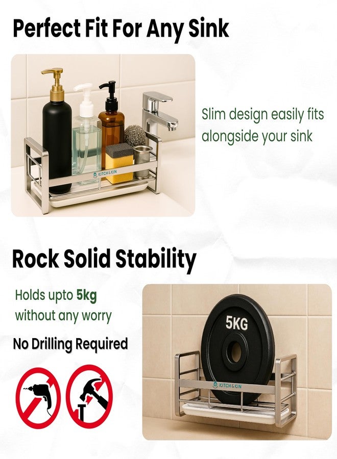 KITCH & KIN Stainless Steel Kitchen & Washroom Sink Organizer Rack with Drain Tray - Wall Mount Soap Stand, Sponge Holder & Adhesive Storage Organiser for Cleaning Essentials - Image 3